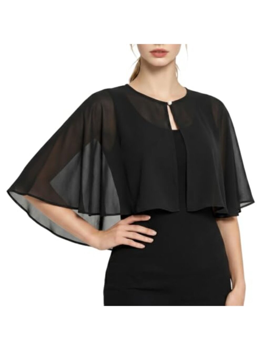 Women's Chiffon Shawl Wrap with Pearl Button Capelet for Wedding